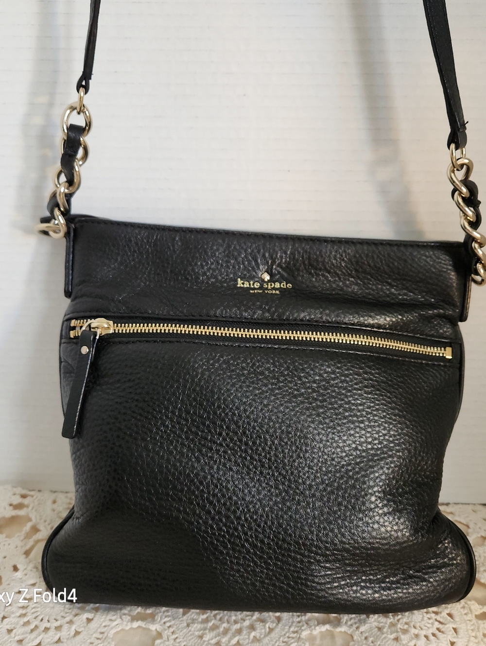 Kate Spade Black Pebbled Leather Crossbody with Gold Chain Detail